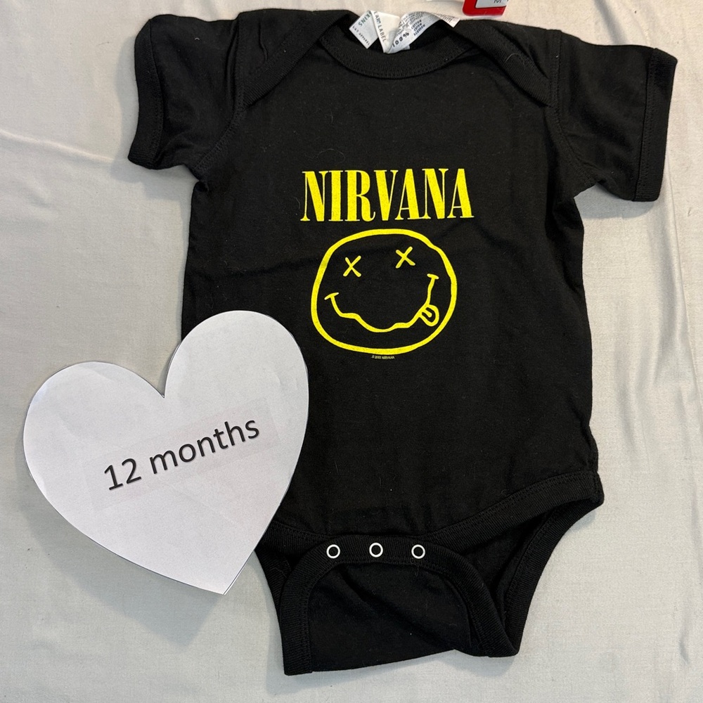 NWT - Rabbit Skins - short sleeve Nirvana onesie shirt/top. Size 12 months